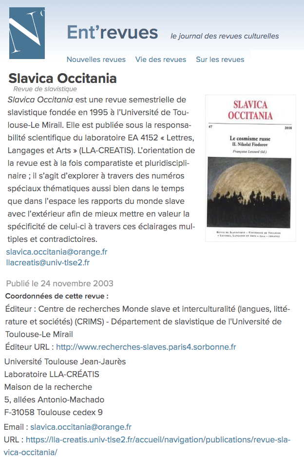 Annonce. Appel à publication - Slavica Occitania, par Florence Corrado. 2021-01-22